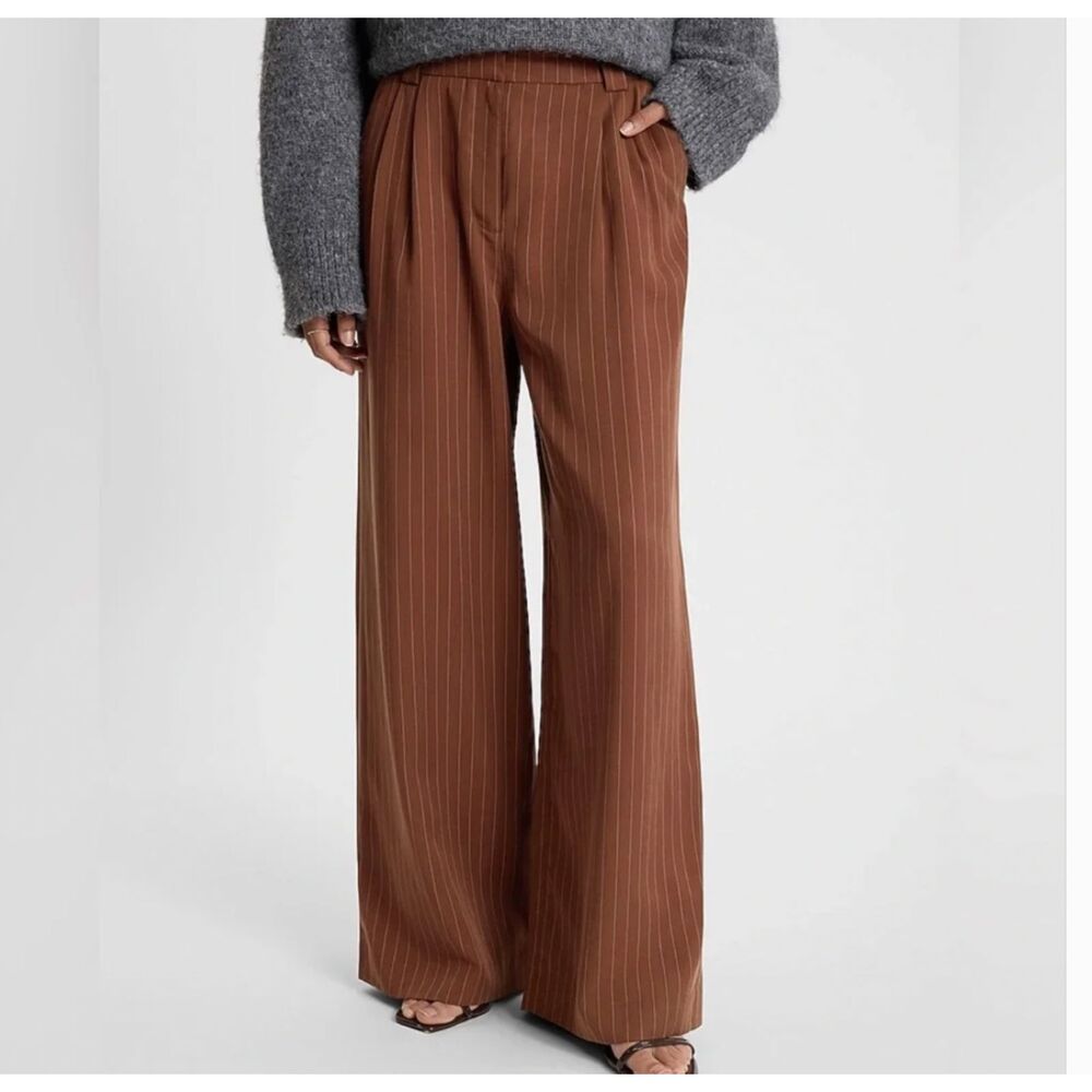 Express Pinstripe High Waisted Wide Leg Trouser in Brown Stripe Size 10L